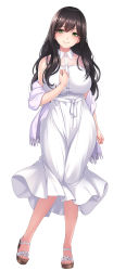 Rule 34 | 1girl, bare shoulders, bow, breasts, brown hair, chobipero, closed mouth, collared dress, courreges accel, curvy, dress, full body, green eyes, hair bow, hand on own chest, highres, knees together feet apart, lace, large breasts, light blush, long hair, looking at viewer, mole, mole under eye, natsu no inaka no oneshota mono, no wings, sandals, sash, shawl, skin tight, sleeveless, sleeveless dress, smile, solo, sundress, tachi-e, white background, white dress, white hair