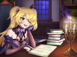 Rule 34 | 1girl, :d, absurdres, bare shoulders, black gloves, black nails, blonde hair, book, bookshelf, bow, bowtie, candle, candlestand, chair, commission, eyepatch, fischl (genshin impact), genshin impact, gloves, green eyes, hair ornament, hair over one eye, hand on own cheek, hand on own face, highres, indoors, library, long hair, nail polish, night, night sky, open mouth, oz (genshin impact), purple bow, purple bowtie, purple sleeves, single glove, sitting, sky, smile, solo, table, twintails, window, xorbis