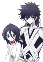 Rule 34 | 1boy, 1girl, bags under eyes, black hair, bleach, bleach: brave souls, choker, closed mouth, commentary, expressionless, frown, g ieep, height difference, japanese clothes, kimono, kuchiki rukia, kurosaki ichigo, long hair, looking at viewer, medium hair, purple eyes, red choker, red eyes, simple background, spiked hair, upper body, white background, white kimono