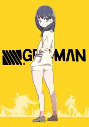 Rule 34 | 1girl, bare legs, black hair, blue eyes, copyright name, expressionless, female focus, from behind, gridman universe, hands in pockets, highres, jacket, loafers, looking back, shoes, solo, ssss.gridman, standing, takarada rikka, tanaka ahiru