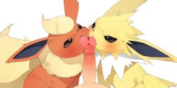 Rule 34 | 1boy, 2others, animal ears, animal nose, bestiality, black eyes, blush, body fur, creatures (company), erection, fang, fellatio, flareon, furry, furry with non-furry, game freak, gen 1 pokemon, highres, interspecies, jolteon, licking, licking penis, multiple others, nintendo, open mouth, oral, penis, pokemon, pokemon (creature), pokephilia, simple background, tail, teamwork, tongue, tongue out, uncensored, white background, youjo modoki