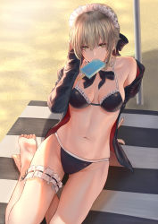 Rule 34 | 1girl, adjusting hair, arm support, artoria pendragon (alter swimsuit rider) (fate), artoria pendragon (alter swimsuit rider) (second ascension) (fate), artoria pendragon (fate), barefoot, beach mat, beach umbrella, bikini, black bikini, blonde hair, breasts, commentary request, day, fate/grand order, fate (series), feet, food, frills, highres, jacket, looking at viewer, maid, maid bikini, maid headdress, medium breasts, mouth hold, mugetsu2501, navel, open clothes, outdoors, popsicle, ribbon, shade, sidelocks, sitting, skindentation, solo, swimsuit, thighs, toes, umbrella, unconventional maid, yellow eyes, yokozuwari