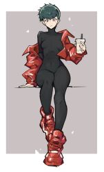 Rule 34 | 1girl, black bodysuit, bodystocking, bodysuit, breasts, breasts apart, covered navel, cup, disposable cup, drinking straw, expressionless, genderswap, genderswap (mtf), getter robo, gou saotome, green hair, hanahiyo (hoimin), holding, holding cup, jacket, outside border, red eyes, red footwear, red jacket, shin getter robo, shoes, short hair, sitting, small breasts, solo, turtleneck, turtleneck bodysuit, wide hips