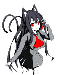 Rule 34 | 1girl, animal ear fluff, animal ears, ascot, black hair, breasts, cat ears, cat girl, cat tail, chisuzu mei, collared shirt, grey shirt, grey skirt, hair between eyes, hair ribbon, hand up, highres, long hair, long sleeves, looking at viewer, medium breasts, multiple tails, nagato-chan, parted lips, paryi project, pleated skirt, red ascot, red eyes, red ribbon, ribbon, shirt, simple background, skirt, solo, tail, tail raised, two side up, two tails, v-shaped eyebrows, very long hair, virtual youtuber, white background