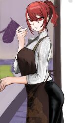 Rule 34 | 1girl, absurdres, alternate costume, apron, black pants, breasts, brown apron, closed mouth, cowboy shot, double-parted bangs, eyelashes, from side, hair between eyes, hand up, highres, indoors, kirijou mitsuru, large breasts, long hair, long sleeves, looking at viewer, nero watch, pants, persona, persona 3, ponytail, red eyes, red hair, ribbed sweater, sidelocks, solo, sweater, turtleneck, turtleneck sweater, white sweater