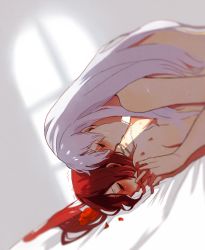 Rule 34 | 2girls, alternate hair length, alternate hairstyle, blush, completely nude, closed eyes, hickey, injury, interlocked fingers, kiss, kissing neck, kuma (bloodycolor), long hair, lying, multiple girls, nude, aged up, on stomach, red hair, ruby rose, rwby, weiss schnee, white hair, yuri