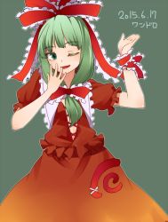 Rule 34 | 1girl, ;d, arm up, bow, dated, front ponytail, gradient skirt, green background, green eyes, green hair, hair bow, hand up, kagiyama hina, looking at viewer, miyo (ranthath), one eye closed, open mouth, puffy short sleeves, puffy sleeves, red bow, short sleeves, simple background, skirt, smile, solo, touhou