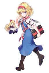 Rule 34 | 1girl, :o, alice margatroid, apron, arched back, arm up, arms up, blonde hair, blue dress, blue eyes, book, boots, brown footwear, capelet, clenched hands, commentary, dress, floating, from side, full body, grimoire of alice, hair ribbon, hairband, highres, holding, holding book, lolita hairband, long hair, looking at viewer, neck ribbon, puffy short sleeves, puffy sleeves, red ribbon, ribbon, sash, shanghai doll, shirt, short hair, short sleeves, simple background, solo, standing, standing on one leg, tamanaga haru, touhou, waist apron, white background, white capelet, white shirt