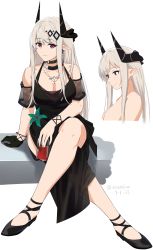 Rule 34 | 1girl, absurdres, arknights, black choker, black collar, black dress, choker, collar, crossed legs, cup, demon horns, dress, drinking glass, ear piercing, gloves, grey hair, highres, holding, holding cup, horns, infection monitor (arknights), jewelry, mudrock (arknights), mudrock (obsidian) (arknights), necklace, official alternate costume, piercing, pointy ears, red eyes, red wine, simple background, single glove, sitting, starelium, upper body, white background, wine