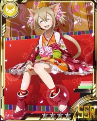 Rule 34 | 10s, 1girl, animal ears, ankle ribbon, bow, brown hair, card (medium), cat ears, cat tail, cherry blossoms, closed eyes, hair between eyes, hair bow, hair ribbon, japanese clothes, leg ribbon, open mouth, red footwear, red ribbon, ribbon, shoes, short hair, silica, silica (sao-alo), sitting, solo, star (symbol), sword art online, tail