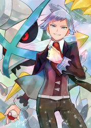 Rule 34 | 1boy, alternate color, ascot, blue eyes, blue hair, brown pants, collared shirt, commentary request, creatures (company), game freak, gen 3 pokemon, grin, hand up, highres, holding, holding poke ball, jacket, kikuyoshi (tracco), long sleeves, looking at viewer, male focus, mega metagross, mega pokemon, metagross, necktie, nintendo, open clothes, open jacket, pants, poke ball, poke ball (basic), pokemon, pokemon (creature), pokemon oras, red ascot, shiny pokemon, shirt, signature, smile, steven stone, teeth, vest, white shirt