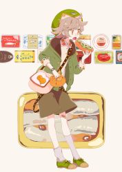 Rule 34 | 1girl, absurdres, bag, bandaid, bandaid on knee, bandaid on leg, brown shorts, buttons, can, canned food, collared shirt, commentary request, eating, floral print, food, food background, full body, green footwear, green hat, green jacket, hat, highres, holding, holding bag, holding food, hood, hooded jacket, jacket, light brown hair, open mouth, orange eyes, original, sandwich, shirt, shoes, short hair, shorts, shoulder bag, socks, solo, sorata123, standing, watch, white shirt, wristwatch