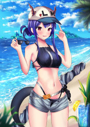 Rule 34 | 1girl, :d, absurdres, alternate hairstyle, arknights, bare arms, bare shoulders, baseball cap, beach, belt, bestrix, bikini, black bikini, blue hair, blue sky, blush, breasts, ch&#039;en (arknights), ch'en (arknights), cloud, commentary, cowboy shot, cup, day, dragon horns, dragon tail, drinking glass, drinking straw, unworn eyewear, female tourist c (arknights), food, fruit, grey shorts, hands up, hat, heart, highleg, highleg bikini, highres, holding, holding removed eyewear, horns, horns through headwear, lemon, lemon slice, long hair, looking at viewer, medium breasts, navel, ocean, official alternate costume, open fly, open mouth, outdoors, pink eyes, short shorts, shorts, sidelocks, sky, smile, solo, standing, stomach, sunglasses, sunglasses removed, swimsuit, tail, thighs, water