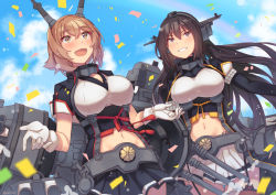 Rule 34 | 2girls, black gloves, black hair, blush, breasts, brown eyes, brown hair, cleavage, cloud, collar, commentary request, confetti, day, elbow gloves, gloves, hair between eyes, hairband, headgear, kantai collection, large breasts, long hair, metal belt, metal collar, midriff, miniskirt, multiple girls, mutsu (kancolle), nagato (kancolle), open mouth, outdoors, pleated skirt, radio antenna, remodel (kantai collection), rigging, short hair, skirt, sky, smile, standing, thighhighs, tonarikeru, turret, weapon, white gloves