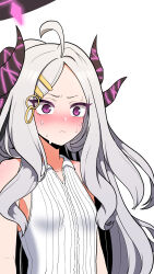 Rule 34 | 1girl, ahoge, blue archive, blush, commentary request, demon girl, demon horns, embarrassed, forehead, hair ornament, hairclip, halo, highres, hina (blue archive), horns, long hair, looking at viewer, parted bangs, ponytail, purple eyes, sidelocks, simple background, sleeveless, solo, surprised, sweat, white background, white hair, zeroku77