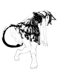 Rule 34 | 1girl, all fours, animal ear fluff, animal ears, bare legs, bare shoulders, barefoot, black dress, black hair, brown eyes, cat ears, cat tail, commentary request, dress, feet, frilled dress, frills, from behind, greyscale, highres, jaco, looking at viewer, looking back, monochrome, original, short hair, simple background, soles, solo, spot color, tail, white background