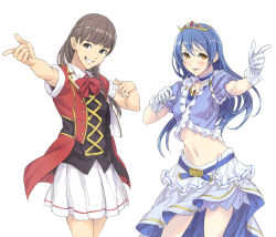 Rule 34 | 10s, 2girls, :d, belt, belt skirt, blue hair, blunt bangs, blush, bokura no live kimi to no life, bow, bowtie, brown eyes, brown hair, chilhoo88, choker, collared shirt, crop top, earrings, flowing dress (dq), gloves, grin, hair between eyes, highres, idol, jacket, jewelry, long hair, love live!, love live! school idol project, midriff, mimori suzuko, multiple girls, music s.t.a.r.t!!, navel, necklace, open clothes, open jacket, open mouth, pleated skirt, pointing, real life, red jacket, shirt, short sleeves, simple background, skirt, smile, sonoda umi, tiara, voice actor, voice actor connection, white background, white gloves, white skirt