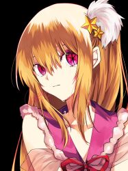 Rule 34 | 1girl, black background, blonde hair, closed mouth, collarbone, commentary, crying, crying with eyes open, einein810, fur-trimmed collar, fur trim, hair between eyes, hair ornament, highres, hoshino ruby, idol, idol clothes, long hair, looking at viewer, mismatched pupils, one side up, oshi no ko, pink eyes, red ribbon, ribbon, see-through, sidelocks, signature, simple background, sleeveless, solo, star-shaped pupils, star (symbol), star hair ornament, streaming tears, symbol-shaped pupils, tears, twitter username, upper body, variant set