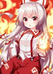 Rule 34 | bow, bowtie, fire, fireball, fujiwara no mokou, hair bow, highres, long hair, long sleeves, multiple hair bows, one-hour drawing challenge, overalls, pants, red eyes, red overalls, red pants, ruu (tksymkw), shirt, touhou, very long hair, white hair, white shirt