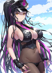 Rule 34 | 1girl, bad id, bad pixiv id, bare shoulders, black gloves, black hair, black hat, black panties, blue sky, blush, bodystocking, breasts, cleavage, closed mouth, covered navel, facial mark, fate/grand order, fate (series), fingerless gloves, forehead mark, gloves, halterneck, hat, large breasts, long hair, looking at viewer, mokyumokyuchan, multicolored hair, nail polish, necktie, panties, parted bangs, pink hair, pink necktie, police hat, ponytail, sessyoin kiara, sessyoin kiara (swimsuit mooncancer), sessyoin kiara (swimsuit mooncancer) (second ascension), sky, smile, streaked hair, thighs, underwear, very long hair, yellow eyes
