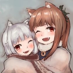 Rule 34 | 2girls, animal ears, brown hair, coat, holo, long hair, looking at viewer, mayumuraba sako, mother and daughter, multiple girls, myuri (spice and wolf), red eyes, shinsetsu spice and wolf, short hair, silver hair, spice and wolf, wolf ears