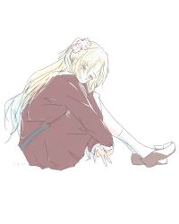 Rule 34 | 1810 n, 1girl, artist name, blonde hair, blue eyes, blue hair, brown dress, brown footwear, closed mouth, dress, flower, from side, full body, gradient hair, gyaru v, hair flower, hair ornament, half-closed eyes, hasu no sora school uniform, highres, hugging own legs, knees up, light blue hair, link! like! love live!, loafers, long hair, long sleeves, looking at viewer, looking to the side, love live!, medium dress, multicolored hair, osawa rurino, parted bangs, pink flower, sailor collar, sailor dress, school uniform, shoes, simple background, sitting, smile, socks, solo, split mouth, twintails, v, virtual youtuber, white background, white sailor collar, white socks, winter uniform