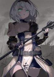 Rule 34 | 1girl, belt, black belt, black thighhighs, breasts, cow, dress, fingerless gloves, gloves, green eyes, grey hair, highres, holding, holding weapon, hololive, large breasts, looking at viewer, mace, medium hair, parted lips, roitz ( roitz ), shirogane noel, shirogane noel (1st costume), solo, thighhighs, virtual youtuber, weapon, white dress