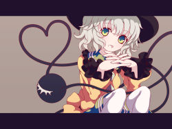Rule 34 | 1girl, book, dise (psychoro), green eyes, heart, heart of string, interlocked fingers, komeiji koishi, letterboxed, long sleeves, looking at viewer, open book, shirt, silver hair, skirt, smile, solo, third eye, touhou, wide sleeves