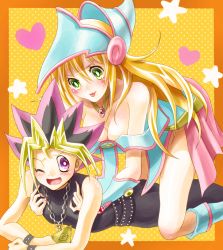 Rule 34 | 1boy, 1girl, :p, bad id, bad pixiv id, bare shoulders, belt, black hair, blonde hair, blush, boots, breasts, choker, cleavage, dark magician girl, detached sleeves, duel monster, dyed bangs, green eyes, hat, heart, large breasts, long hair, lying, millennium puzzle, multicolored hair, muto yugi, on stomach, open mouth, pants, pentacle, purple eyes, purple hair, shirt, sitting, skirt, sleeveless, smile, sora (pikasora), spiked hair, star (symbol), tickling, tickling armpits, tongue, tongue out, wince, wizard hat, yu-gi-oh!, yu-gi-oh! duel monsters