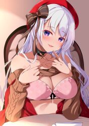 Rule 34 | 1girl, absurdres, aran sweater, azur lane, belfast (azur lane), belfast (shopping with the head maid) (azur lane), blue eyes, bow, bra, breasts, cable knit, chair, choker, cleavage, clothes lift, cup, finger to own chin, grey hair, hair bow, hat, highres, lace, lace-trimmed bra, lace trim, large breasts, long hair, looking at viewer, off-shoulder sweater, off shoulder, official alternate costume, origami aya, pink bra, red hat, red shawl, revision, shawl, sitting, solo, strapless, strapless bra, striped, striped bow, sweater, sweater lift, table, teacup, underwear, upper body, white trim