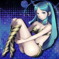 Rule 34 | 1girl, animal print, bad id, bad pixiv id, blue background, blue eyes, blue hair, bra, breasts, cleavage, closed mouth, collarbone, fang, fang out, full body, groin, hugging own legs, kneehighs, long hair, looking at viewer, lum, medium breasts, nagase kei, navel, parted bangs, print bra, shiny clothes, shiny legwear, smile, socks, solo, strapless, strapless bra, striped bra, striped clothes, striped socks, tiger print, underwear, urusei yatsura, very long hair, yellow socks