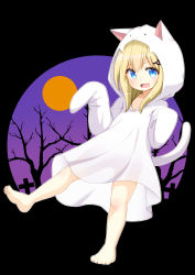 Rule 34 | 1girl, absurdres, animal ears, animal hood, barefoot, blonde hair, blue eyes, blush, cat hood, collarbone, fake animal ears, fang, feet, full body, ghost costume, hair over shoulder, halloween, hands up, highres, hood, hood up, leg up, looking at viewer, mogura2009, no panties, open mouth, original, see-through, simple background, sleeves past fingers, sleeves past wrists, soles, solo, standing, tail, tail raised, toes