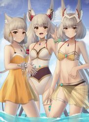 Rule 34 | 3girls, adapted costume, animal ear fluff, animal ears, bare legs, bikini, bracelet, breasts, cat ears, character doll, chest jewel, cleavage, doiparuni, dress, dromarch (xenoblade), ear covers, facial mark, fangs, female focus, grey hair, grin, hair ribbon, highres, jewelry, long hair, looking at viewer, low twintails, medium breasts, multiple girls, multiple persona, navel, nia (blade) (xenoblade), nia (fancy sundress) (xenoblade), nia (xenoblade), official alternate costume, one-piece swimsuit, open mouth, partially submerged, ribbon, sarong, see-through, see-through sarong, short hair, smile, stomach, sundress, swimsuit, thigh gap, thighlet, twintails, very long ears, very long hair, water, whisker markings, xenoblade chronicles (series), xenoblade chronicles 2, xenoblade chronicles 3, yellow eyes
