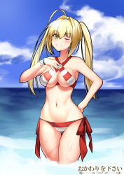 Rule 34 | 1girl, ;), ahoge, artist name, bikini, blonde hair, blue sky, bracelet, breasts, cleavage, cloud, collarbone, cowfee, day, fate/grand order, fate (series), gluteal fold, green eyes, hair between eyes, hair intakes, halterneck, hand on own chest, hand on own hip, highres, jewelry, long hair, looking at viewer, medium breasts, navel, nero claudius (fate), nero claudius (fate) (all), nero claudius (swimsuit caster) (fate), one eye closed, outdoors, side-tie bikini bottom, sky, smile, solo, stomach, striped bikini, striped clothes, swimsuit, thigh gap, thighs, twintails, wading, water