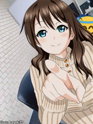 Rule 34 | 1girl, aqua eyes, aragaki75, artist name, artist request, blue eyes, blush, breasts, brown hair, brown sweater, buttons, close-up, female focus, hair between eyes, hair down, hair over shoulder, light brown sweater, long hair, long sleeves, looking at viewer, love live!, love live! nijigasaki high school idol club, osaka shizuku, parted lips, pink lips, pointing, pointing at viewer, realistic, small breasts, smile, solo, striped clothes, striped sweater, sweater, turtleneck, turtleneck sweater, upper body, vertical-striped sweater