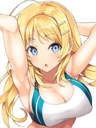 Rule 34 | 1girl, ahoge, blonde hair, blue eyes, blush, breasts, collarbone, hachimiya meguru, highres, idolmaster, idolmaster shiny colors, inuzumi masaki, large breasts, long hair, looking at viewer, low twintails, open mouth, solo, track uniform, twintails