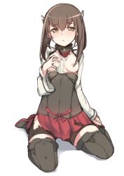 Rule 34 | 10s, 1girl, bike shorts, blush, breasts, brown eyes, brown hair, flat chest, haruyuki (yukichasoba), headband, headgear, kantai collection, kneeling, looking at viewer, nipples, open mouth, personification, short hair, skirt, solo, taihou (kancolle), thighhighs, torn clothes