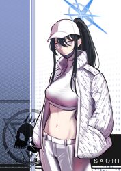 Rule 34 | 1girl, absurdres, alternate costume, alternate hair color, alternate hairstyle, baseball cap, belt, black hair, blue archive, casual, commentary request, darimi 2, grey eyes, hair between eyes, halo, hat, highres, jacket, long hair, long sleeves, looking at viewer, mask, unworn mask, mouth mask, navel, open clothes, open jacket, pants, ponytail, saori (blue archive), sidelocks, simple background, sleeveless, solo, stomach, surgical mask, tank top, white jacket, white pants
