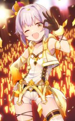 Rule 34 | :d, asymmetrical clothes, bad id, bad twitter id, confetti, corset, cowboy shot, crown, detached sleeves, gold trim, hair intakes, hand on own hip, idol, idolmaster, idolmaster cinderella girls, koshimizu sachiko, looking at viewer, mini crown, no nose, ok sign, one eye closed, open mouth, party time gold, pen light, purple hair, short hair, short shorts, shorts, smile, solo, solo focus, standing, thighhighs, uso (ameuzaki), yellow eyes