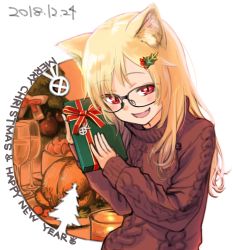 Rule 34 | 1girl, animal ears, blonde hair, blush, box, cat ears, christmas, dated, english text, fang, gift, gift box, glasses, happy new year, long hair, merry christmas, new year, open mouth, original, pine-chan ver. 2, pine (pine-box), red eyes, solo, sweater, upper body, white background