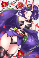 Rule 34 | 1girl, bare shoulders, blush, bob cut, breasts, bridal gauntlets, camellia, collarbone, cowboy shot, eyeliner, fate/grand order, fate (series), fingernails, flower, hand on own stomach, hand up, headpiece, highres, holding, holding flower, horns, japanese clothes, kimono, long sleeves, looking at viewer, lying, makeup, navel, obi, off shoulder, on back, oni, open mouth, petals, pointy ears, purple eyes, purple hair, purple kimono, revealing clothes, sash, short eyebrows, short hair, shuten douji (fate), siratama0629, skin-covered horns, small breasts, solo, thigh gap, thighhighs, thighs, wide sleeves
