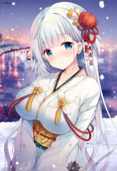 Rule 34 | 1girl, azur lane, backlighting, bad id, bad pixiv id, blue eyes, blunt bangs, blush, breath, circle name, city lights, closed mouth, flower, hair flower, hair ornament, head tilt, highres, japanese clothes, kimono, long hair, long sleeves, looking at viewer, mole, mole under eye, night, night sky, nose blush, outdoors, reflection, shore, shoukaku (azur lane), silver hair, sky, smile, snow, snowing, solo, sousouman, straight hair, tareme, underbust, upper body, very long hair, water, white kimono, wide sleeves