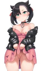 Rule 34 | 1girl, absurdres, asymmetrical bangs, asymmetrical hair, black choker, black hair, black jacket, blush, breasts, censored, choker, clothes lift, creatures (company), dress, dress lift, earrings, from below, game freak, green eyes, hair ribbon, highres, jacket, jewelry, lifted by self, long hair, long sleeves, looking at viewer, looking down, marnie (pokemon), medium breasts, mosaic censoring, nintendo, nipples, no bra, no panties, one breast out, open clothes, open mouth, pink dress, pokemon, pokemon swsh, pussy, red ribbon, ribbon, solo, standing, twintails, undercut, yuki usagi (snowcanvas)