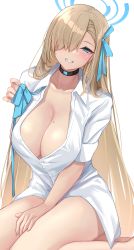 Rule 34 | 1girl, :d, absurdres, asuna (blue archive), bare legs, black choker, blonde hair, blue archive, blue bow, blue eyes, blush, bow, breasts, choker, cleavage, collarbone, collared shirt, commentary request, dress shirt, eyes visible through hair, grin, hair bow, hair over one eye, halo, highres, large breasts, long hair, looking at viewer, mole, mole on breast, naked shirt, no bra, open clothes, open mouth, open shirt, partially unbuttoned, rikiddo (tise 00), shirt, short sleeves, simple background, sitting, smile, solo, teeth, very long hair, white background, yokozuwari