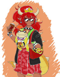 Rule 34 | 1boy, 1girl, absurdres, alternate costume, bag, bib, black jacket, bowser jr., bowser logo, bowsette, bracelet, coffee, coffee cup, collar, commentary, cowboy shot, cup, dark skin, disposable cup, drinking straw, earrings, english commentary, fang, fang out, fangs, fangs out, green background, hair tie, handbag, highres, holding, holding cup, horns, jacket, jewelry, juice, koopa clown car, long hair, looking at viewer, mario (series), mother and son, new super mario bros. u deluxe, nintendo, orange juice, outline, patterned clothing, ponytail, print bag, red hair, red skirt, scowl, short hair, sidelocks, skirt, smile, sparkle, spiked bracelet, spiked collar, spiked shell, spiked tail, spikes, standing, sunglasses, super crown, t1g, tail, two-tone background, watch, whipped cream, white background, wide ponytail, wristband, wristwatch