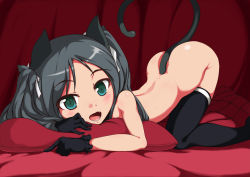 Rule 34 | 1girl, absurdres, animal ears, black gloves, black hair, black thighhighs, blush, cat ears, cat girl, cat tail, fang, female focus, francesca lucchini, gloves, green eyes, hair ribbon, highres, liu feng jing, long hair, looking at viewer, lying, nude, on stomach, open mouth, pillow, ribbon, slit pupils, solo, strike witches, tail, thighhighs, top-down bottom-up, twintails, world witches series