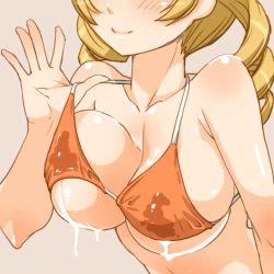 Rule 34 | 10s, 1girl, bare shoulders, bikini, bikini pull, bikini top lift, blonde hair, blush, breasts, clothes lift, clothes pull, drill hair, head out of frame, lactation, lactation through clothes, large breasts, lifting own clothes, lowres, mahou shoujo madoka magica, mahou shoujo madoka magica (anime), navel, orange bikini, shinama, smile, solo, swimsuit, tomoe mami, twin drills, twintails, upper body