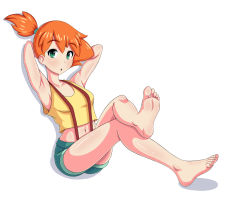 Rule 34 | 1girl, barefoot, belly, breasts, creatures (company), eyebrows, feet, game freak, green eyes, highres, long hair, misty (pokemon), nintendo, open mouth, orange hair, pokemon, pokemon (anime), pokemon (classic anime), ponytail, shirt, shorts, side ponytail, simple background, soles, solo, stomach, toes, white background