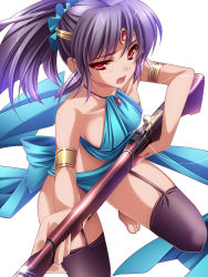 Rule 34 | 1girl, highres, jewelry, monety, necklace, original, purple hair, red eyes, solo, thighhighs, toes, weapon