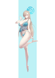 Rule 34 | 1girl, absurdres, asuna (blue archive), bare arms, bare legs, bare shoulders, barefoot, blue archive, blue background, blue bra, blue eyes, blue halo, blue nails, blue panties, bra, breasts, brown hair, bunpil, eyes visible through hair, feet, fingernails, full body, grin, hair over one eye, half-closed eyes, halo, hand up, highres, large breasts, lingerie, long bangs, long fingernails, long hair, looking at viewer, midair, nail polish, panties, smile, soles, solo, string panties, toes, two-tone background, underwear, underwear only, very long hair, waving, white background